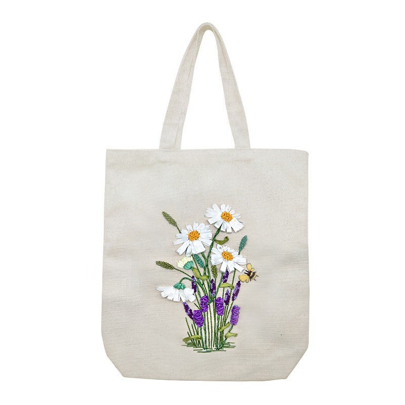 Hecho a mano DIY cinta bordada bolsa de lona Lu bordado solo hombro bolso tridimensional bordado flor lienzo mujer bolsa grande