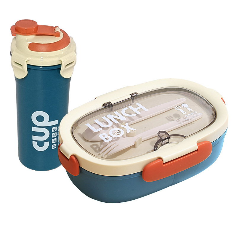 Caja de almuerzo de estilo coreano elíptico simple para estudiantes de oficina, caja de almuerzo portátil, platos divididos con tazas de agua, set de cubiertos