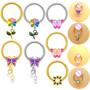 Gaibei European and American cross-border fashion Elegant Butterfly breast ring chest ring niche small flower Sun closed ring puncture jewelry factory