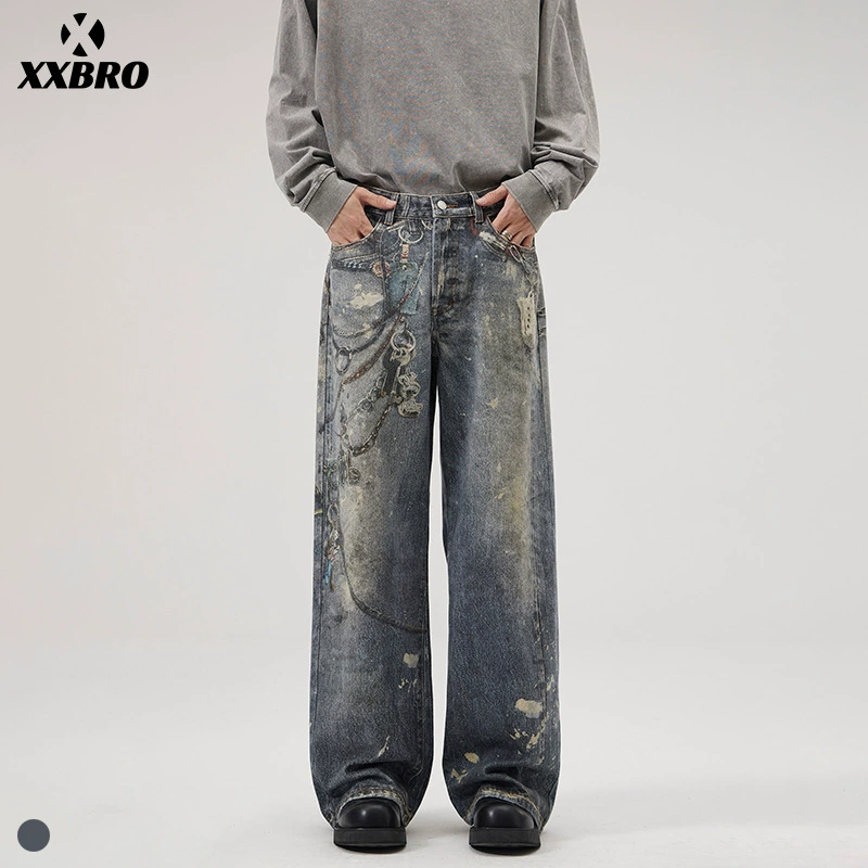Xxbro мужская одежда #2024 осень и зима AC дом джинсы с цифровым принтом мужской свободный прямой персонализированный прилив