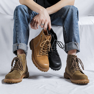 2023 Spring and Autumn New Black Middle Pork Leather Thick Bottom Round Head British Style Tooling Martin Boots 666-