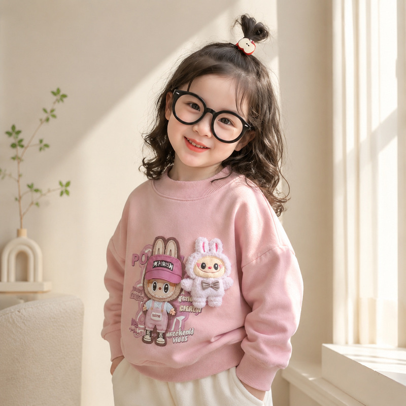 Girls' 2026 New Winter Style Fleece-Lined Thickened Sweatshirt with Labubu Doll, Casual Pullover, Cute and Warm Top Girls' 2026 New Winter Style Fleece-Lined Thickened Sweatshirt with Labubu Doll, Casual Pullover, Cute and Warm Top