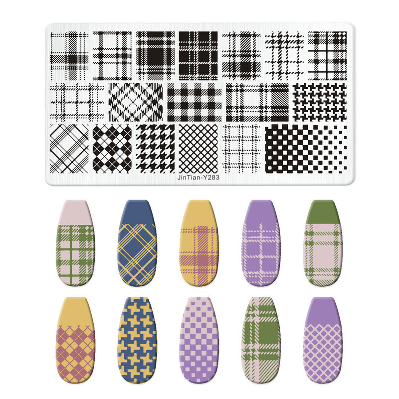 跨境美甲印花板格纹豹纹牛仔纹Nailplate不锈钢指甲复古模板转印|undefined