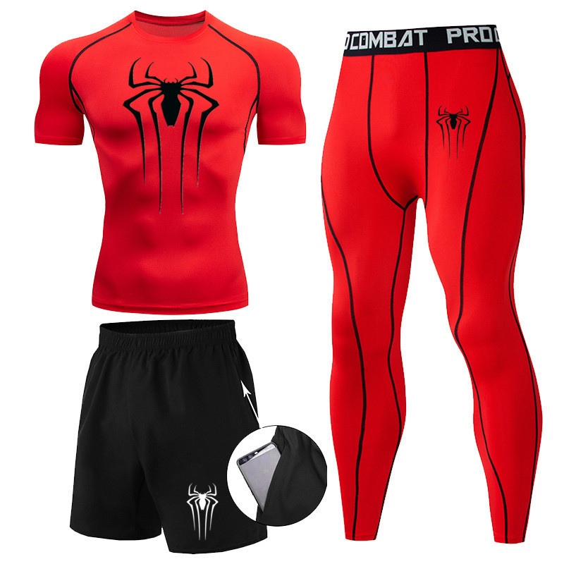 Marca hombres Spider-Man impreso de tres piezas de compresión de secado rápido de manga larga medias corriendo traje deportivo traje de entrenamiento