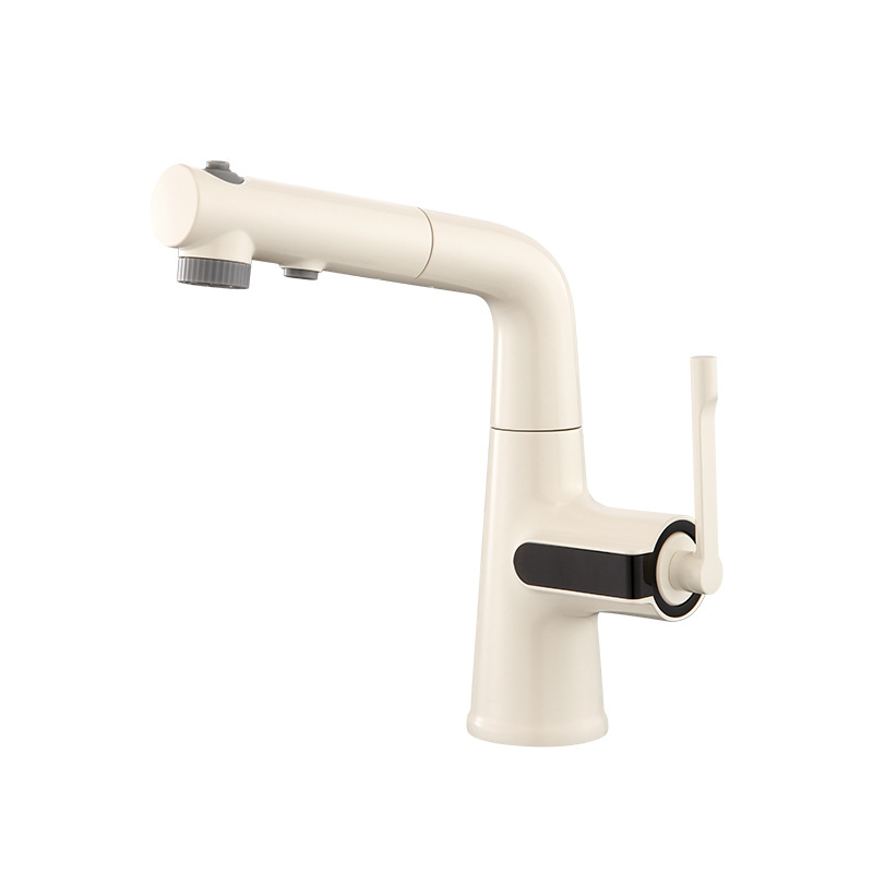 Pistola gris elevador giratorio y pull-pull lavabo grifo de un solo orificio todo el gabinete de baño de crema de cobre se puede lavar el cabello