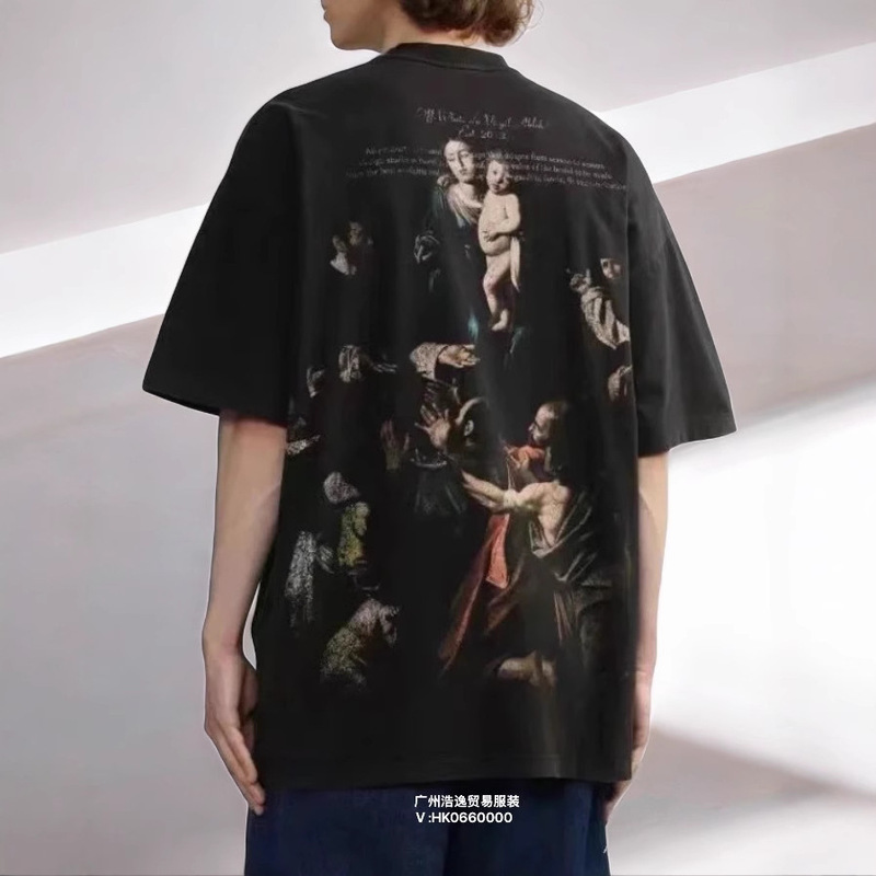 New Summer Off-White Washed and Distressed Double Yarn Heavyweight Angel Red Old Man Religious Print Short-Sleeved T-Shirt for Men