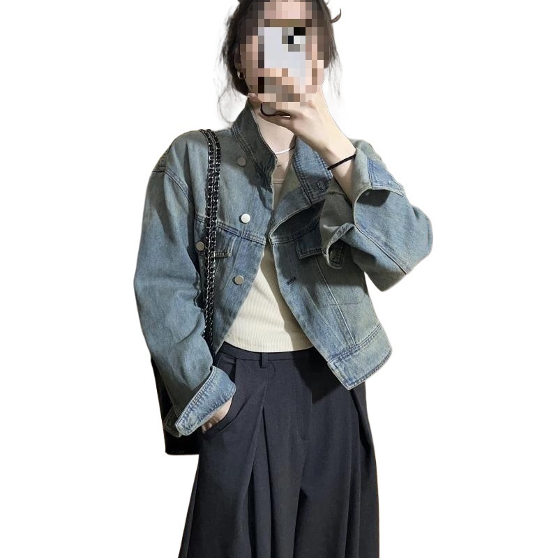 短款牛仔外套女春秋季百搭宽松小个子设计感小众盐系立领夹克上衣|undefined