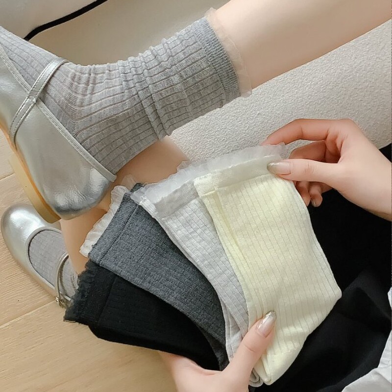 Japanese JK Knitted Vertical Strip Spring and Summer New Medium Long Socks Ballet Style Leg Stacked Socks Women's Leather Shoes
