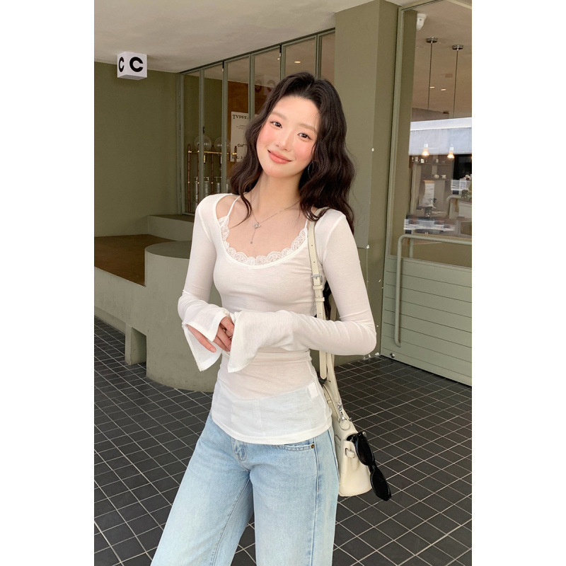 Lace Camisole Faux Two-Piece White Long-Sleeve T-Shirt for Women Early Spring Pure Desire Style Slim Inner Base Shirt Top
