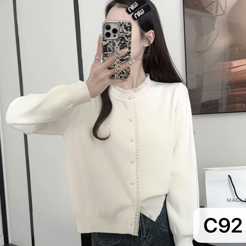 时尚蕾丝拼接毛织针织开衫女秋季新款气质高级感甜美圆领长袖上衣|undefined