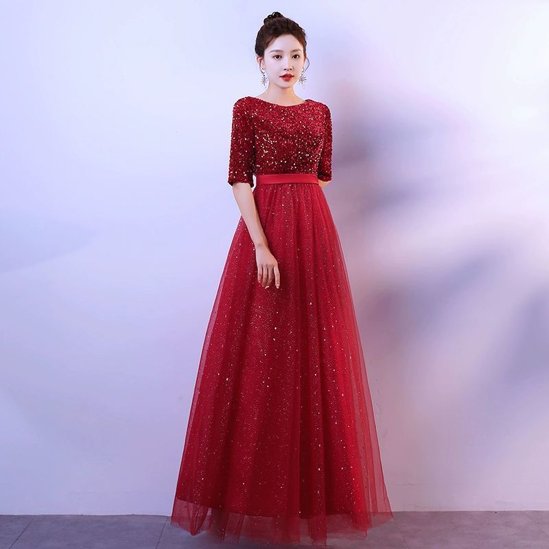 大合唱団パフォーマンス服女性のロングスカート学生赤い歌朗読服ホスト宴会気質スリムイブニングドレス女性|undefined