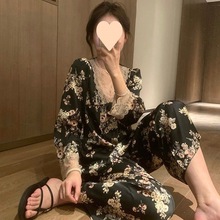 法式冰丝花朵睡衣女春夏纯欲风蕾丝领丝质垂感可外穿家居服套装