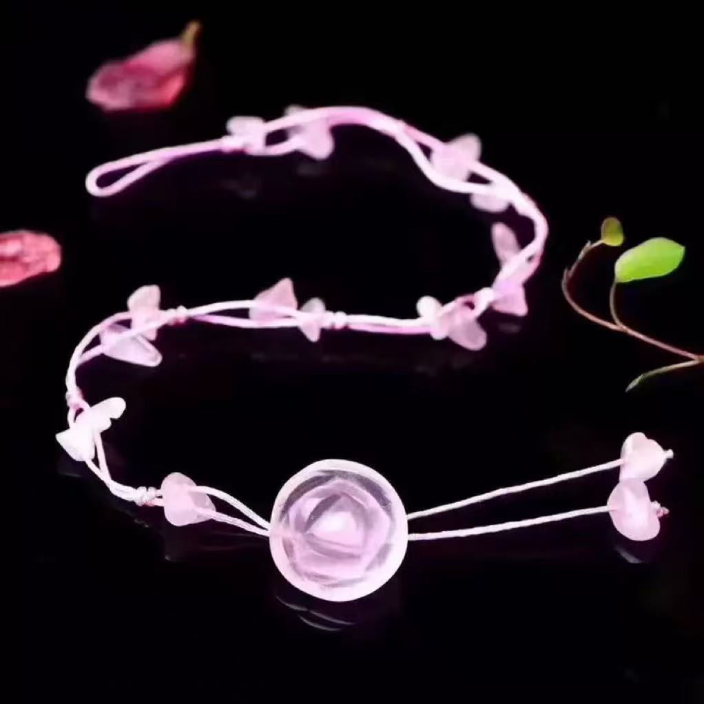 Aventurine Amethyst Aventurine Pink Crystal Crushed Stone Anklet Rose Hand-Carved Internet Celebrity Style Handmade Weaving