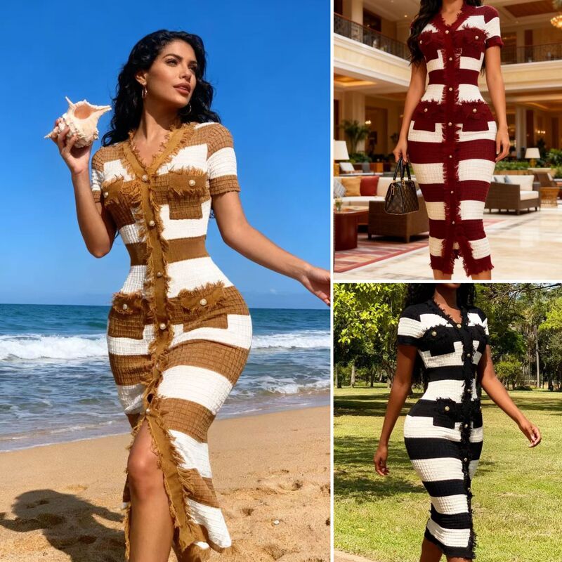 260110 Cross-Border Knitted Striped Dress for Women, Chanel-Style V-Neck with Slit, Bodycon, Tassel, Mid-Length, Elegant and Graceful
