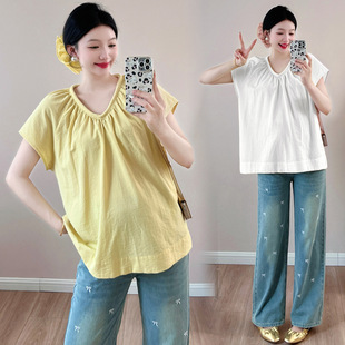 in stock 2025 Summer New Pregnant Women's Shirt Temperament V-neck Pleated Loose Doll Shirt Pregnant Women's Top
