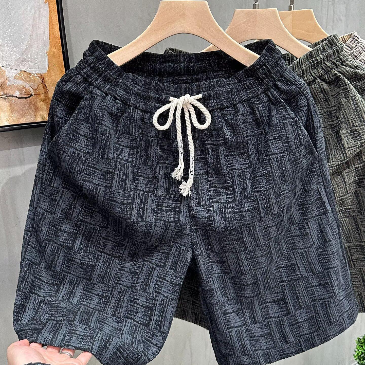 Corduroy textured casual shorts for men, summer trendy outerwear, straight-leg mid-length pants, large size, loose-fitting, men's shorts