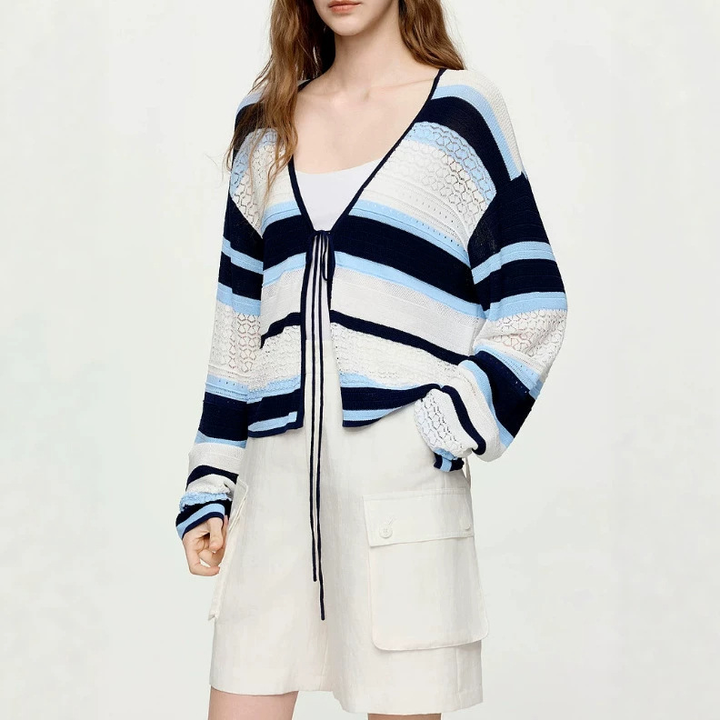 Women's 2026 Autumn New Blouse French Striped V-Neck Cardigan Coastal Breeze Knitwear EZ64221 Women's 2026 Autumn New Blouse French Striped V-Neck Cardigan Coastal Breeze Knitwear EZ64221