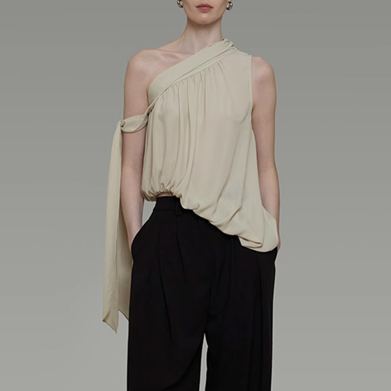 French Irregular Sloping Shoulder Top for Women, Summer Sleeveless Outer Wear Design, Ribbon Vest and Suspenders, New Style