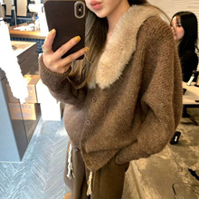 慵懒风毛毛领针织开衫上衣女2026秋冬时髦蝙蝠袖时尚加厚毛衣外套