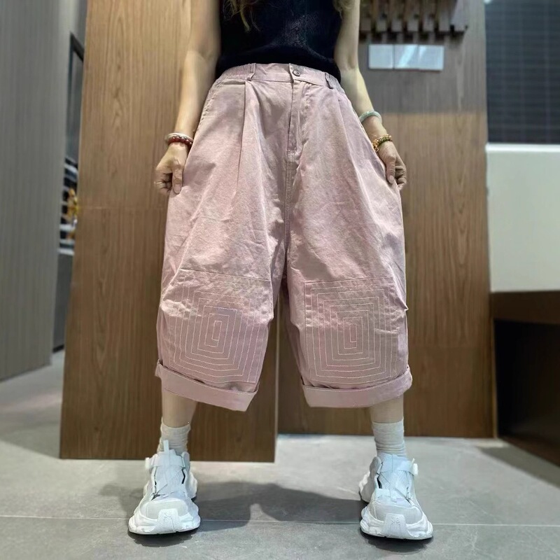 Qi Quan's New Summer Style Personalized Trendy Plus-Size Casual Loose-Fitting Cropped Pants for Women with Elastic Waist and Wide Legs, One Size Fits All