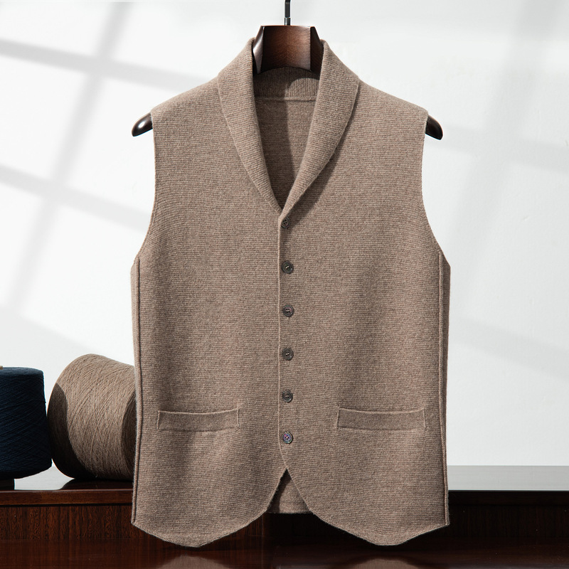 Men's Thickened Cashmere Vest with Button-Down Collar, Sleeveless Cardigan, Business Lapel Vest, Casual Layering