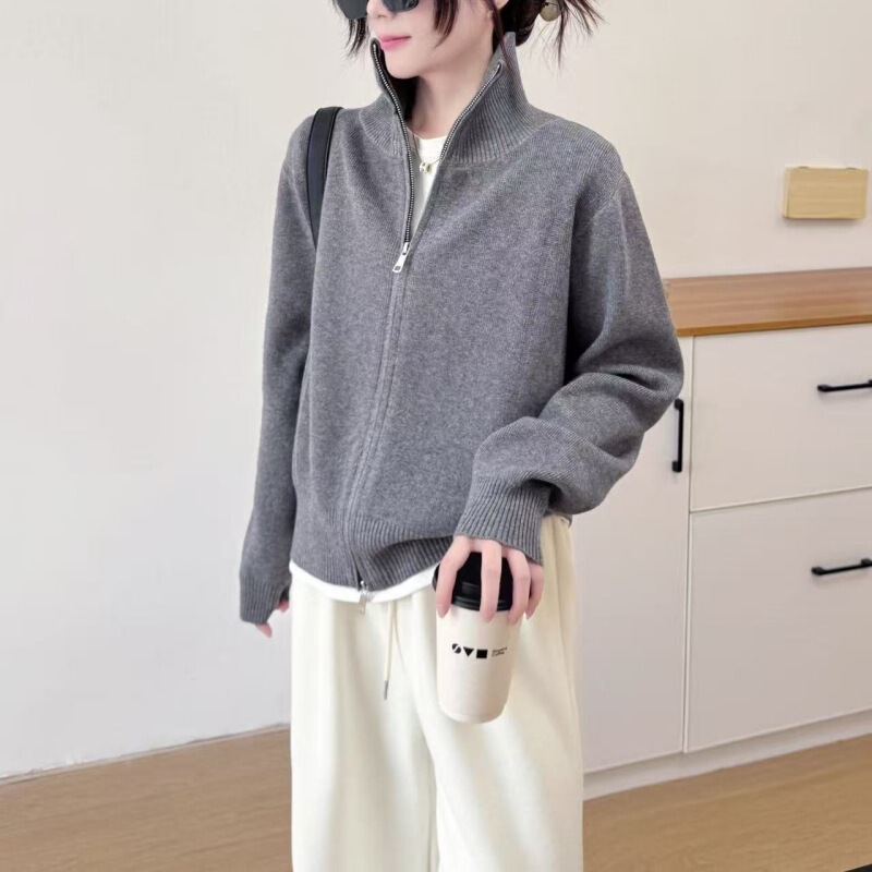 Autumn and Winter New Style Women's Korean Style Loose Fashion High-End Solid Color Cardigan Stand Collar Casual Double Zipper Knitted Sweater Jacket Autumn and Winter New Style Women's Korean Style Loose Fashion High-End Solid Color Cardigan Stand Collar Casual Double Zipper Knitted Sweater Jacket