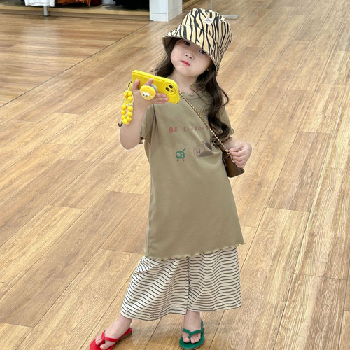 2024 new summer children's clothing, Korean style children's clothing, girls' cute printed long T-shirt, short-sleeved T-shirt skirt