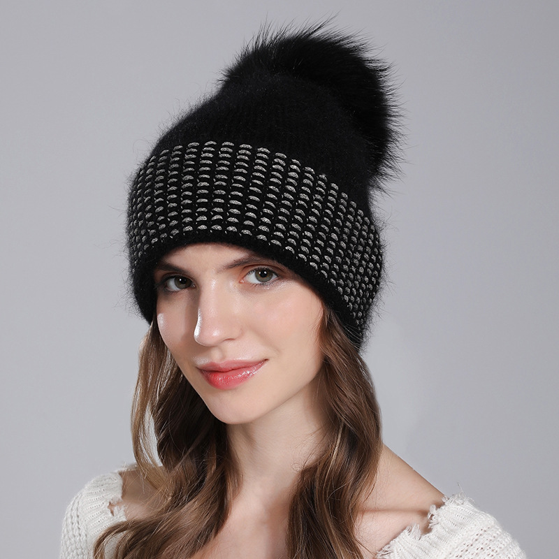 Echter Waschbärfellball für Damen, warm gestricktes Kaninchenhaar für Kinder, modische Wintermütze aus Wolle_voghion.com