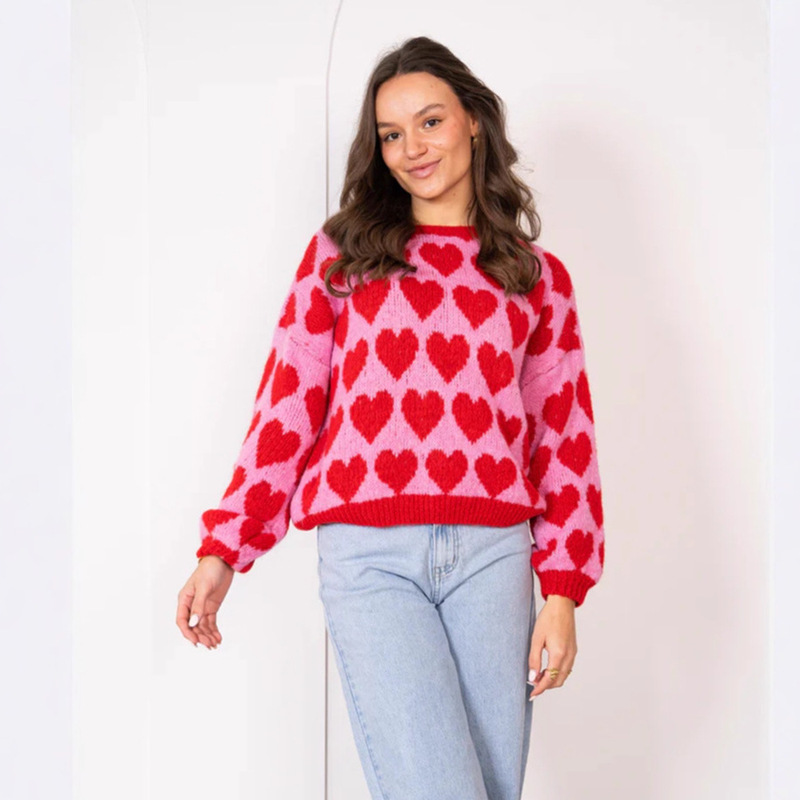 Cross-Border Amazon Autumn and Winter New Valentine's Day Sweater Cute Style Love Jacquard Contrasting Color Short Knitted Pullover