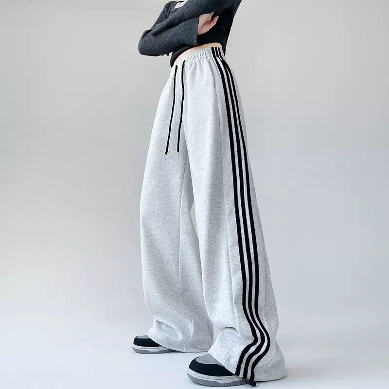 潮流百搭三条杠两穿运动束脚裤女2025春秋新款高腰宽松休闲阔腿裤