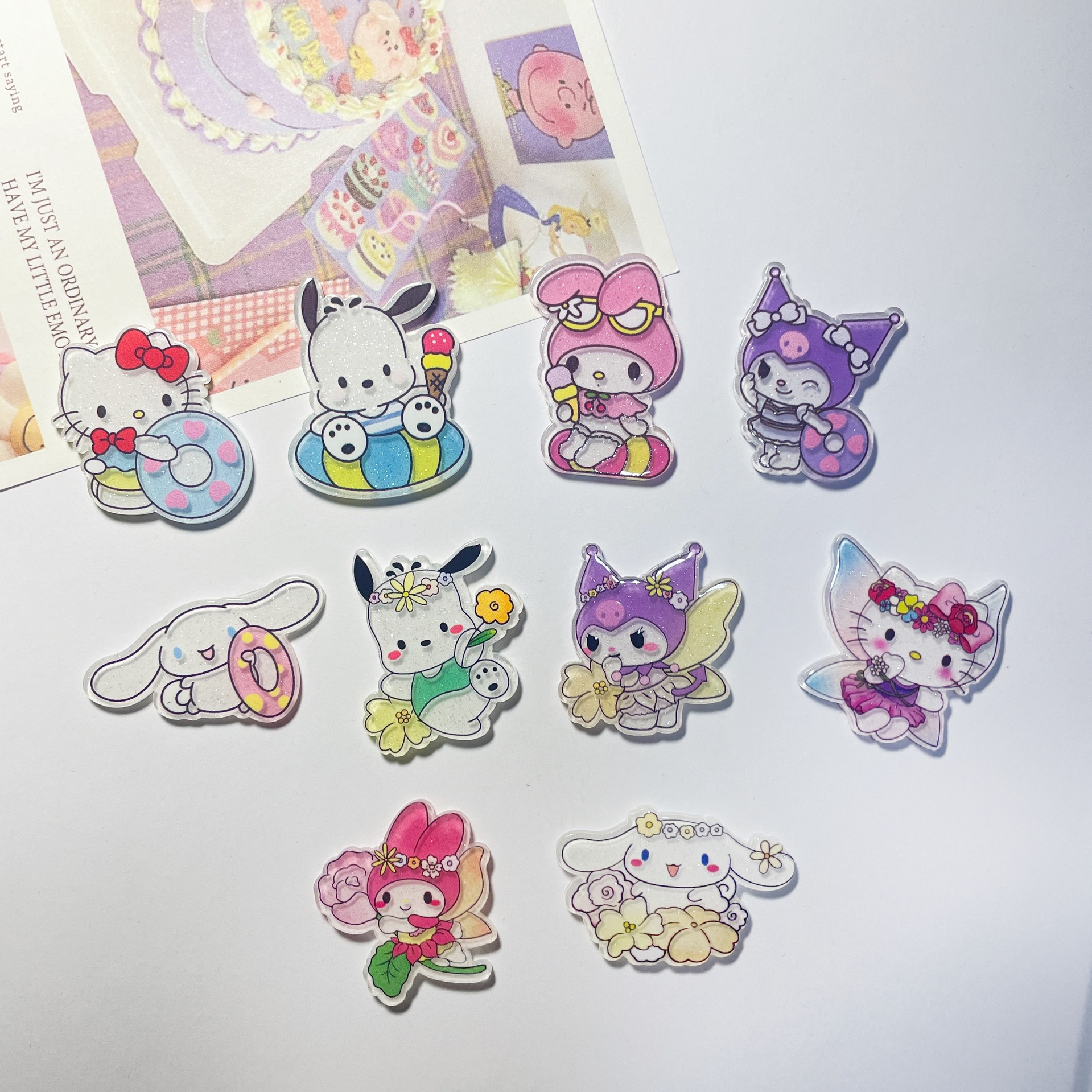 새로운 수영 반지 꽃 요정 산리오 parchia 개 DIY 머리핀 헤어 액세서리 패치 냉장고 스티커 브로치 액세서리