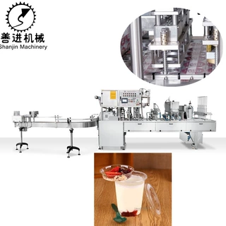 上海善进杯装果汁饮料自动灌装封口机 油品颜料杯自动灌装封口机