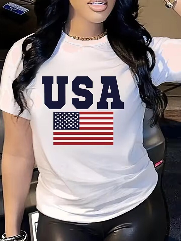 【Cross-border European size】Women's patriotic American letter print t-shirt, casual crew neck short-sleeve t-shirt, affordable