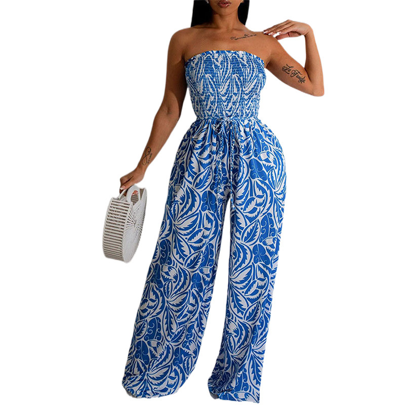 2026 verano nuevo comercio exterior transfronterizo de Europa y América ropa de mujer impresión de moda para el pecho de cintura abierta pantalonés de piernas anchas