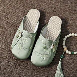 Summer Satin Embroidered Half-Slippers for Home and Outfit Women's Folk Embroidered Shoes