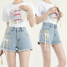 新中式国风刺绣牛仔短裤套装女2024夏季新款时尚甜美减龄两件套女