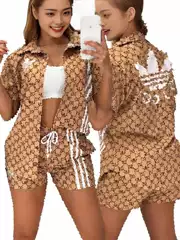 Y71513 Women's Woven Printed Shirt and Shorts Two-Piece Set - European/American Style, In Stock