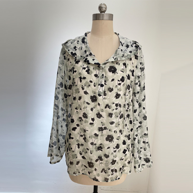 후드 풀오버-녹색 검은 꽃