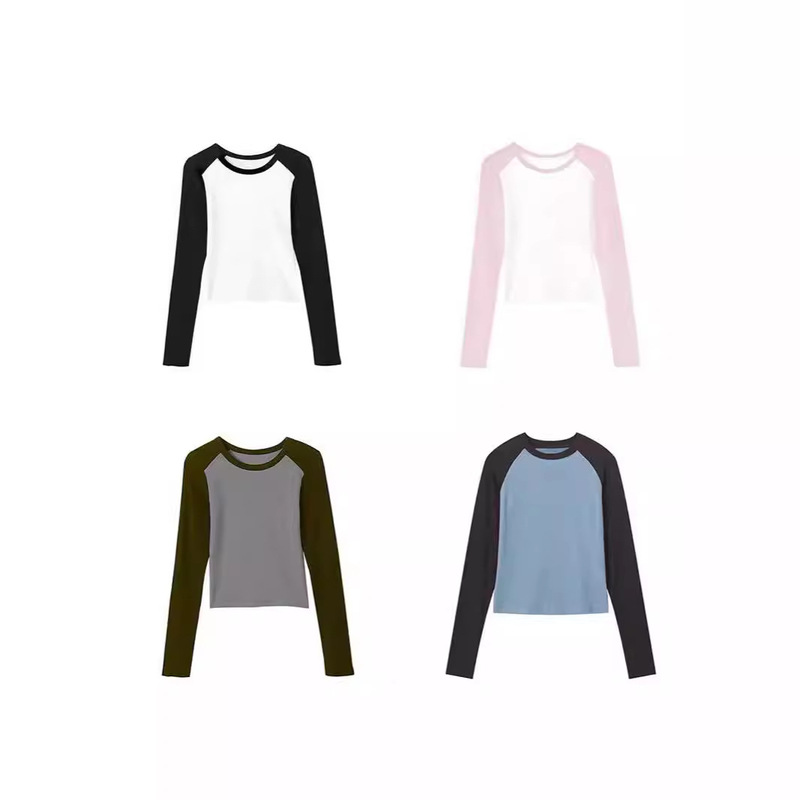 40 Count 210g 95% Cotton + 5% Spandex] Raglan Contrast Color Short Long Sleeve T-shirt Women's Bottoming Shirt Light Version Blank Version