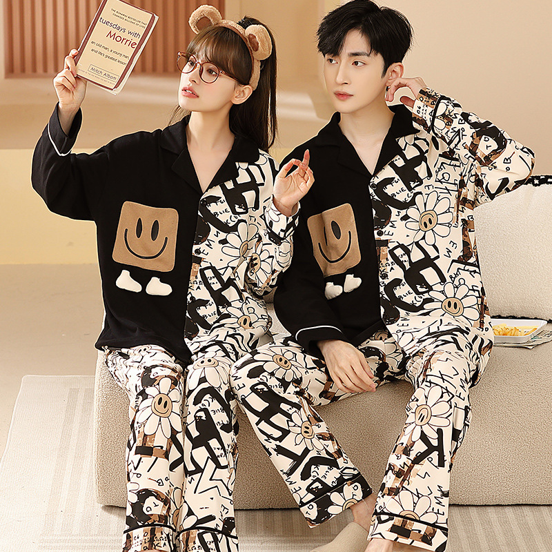 Physical Store Spring and Autum Pure Cotton Pajamas Women's Long-Sleeved Pants Men's Cartoon Cotton Couple Home Clothes Two-Piece Set