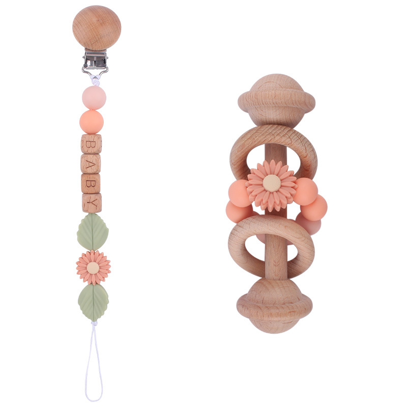 New Beech juguete para niños sonajero mordedor calmante bebé DIY Daisy cuentas de silicona Cadena de pezón conjunto de dos piezas