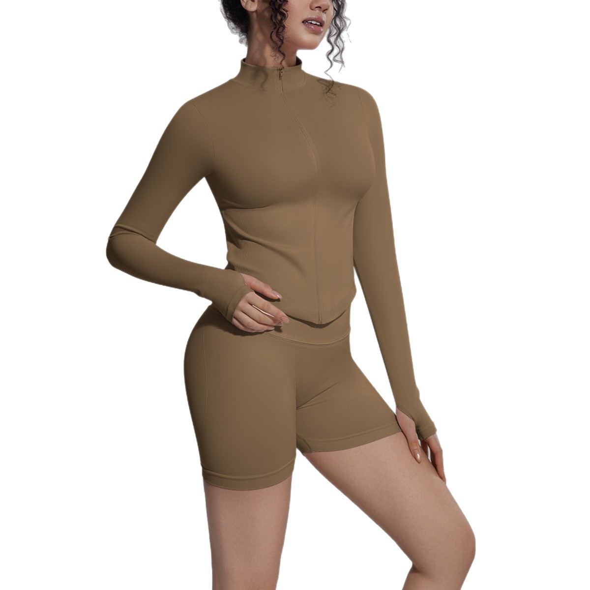 Cross-border sin costuras color sólido apretado elástico transpirable de cuello vertical chaqueta con cremallera deportiva correr fitness yoga set mujer
