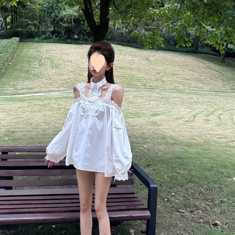 韓国風甘辛シックかぎ針編み中空スプライシングオフショルダーシャツスカート女性の秋デザインヘビーウェアアウタートップ|undefined