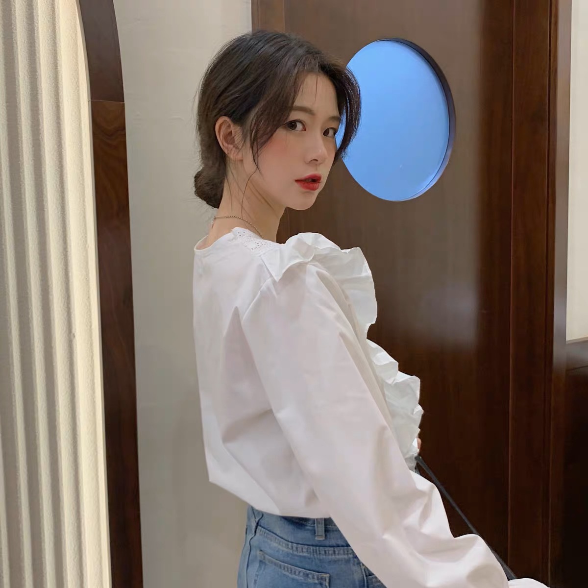 2025 New South Korea Ins Design French Niche Lotus Leaf Lace Elegant Loose Long Sleeve Shirt Top Women