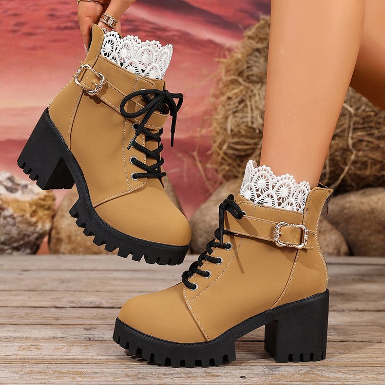 2025 New Cross-Border Foreign Trade Large Size Winter Martin Boots with Lace-Up Buckle and Lace Trim, British Style Chunky Heel Martin Boots