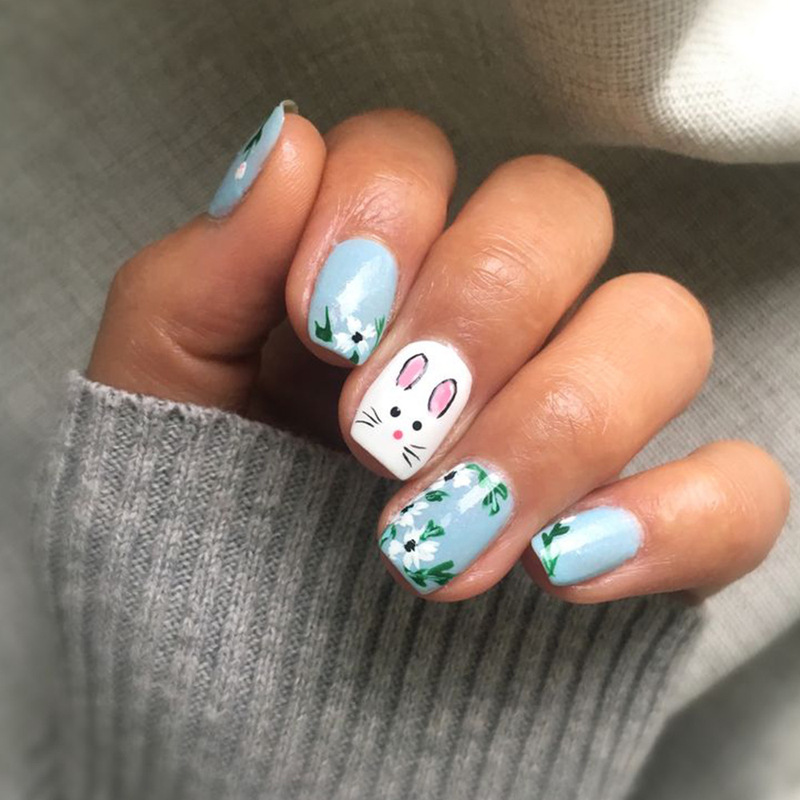 Ins Simple Style Bright Noodles Fresh Easter Rabbit White Jasmine Sky Blue Short Square Nail Pieces Detachable Wear Armor