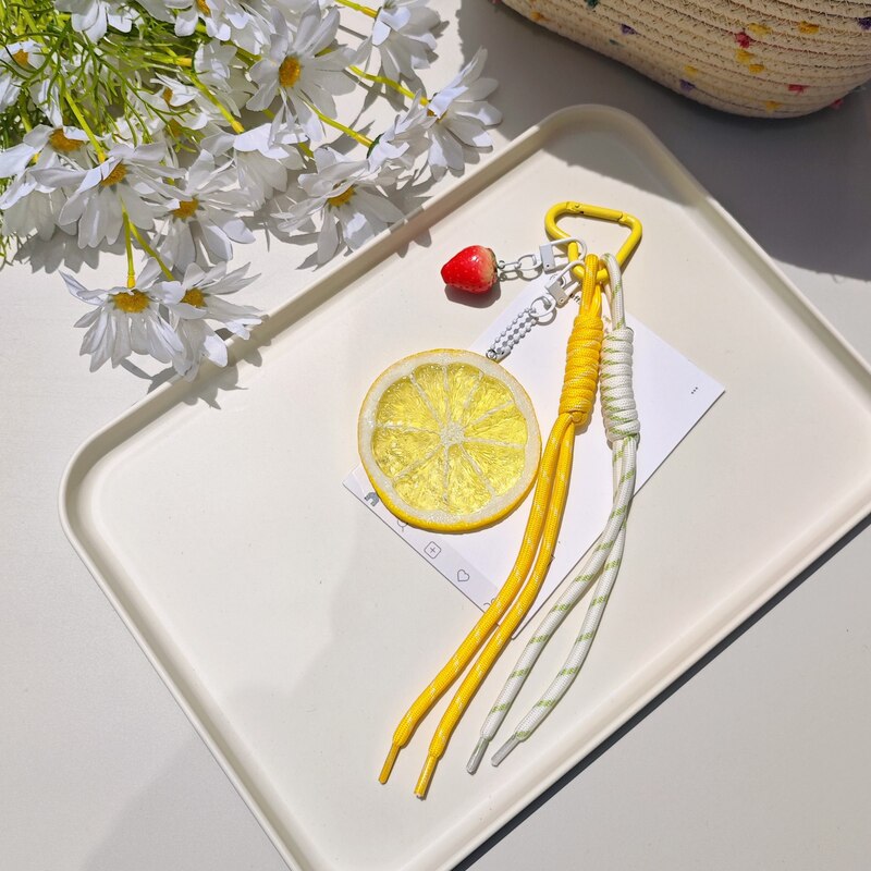 Summer Fresh Artificial Lemon Slice Keychain, Cross-Border Color-Blocking Strawberry Pendant, Woven Rope Bag Charm Summer Fresh Artificial Lemon Slice Keychain, Cross-Border Color-Blocking Strawberry Pendant, Woven Rope Bag Charm