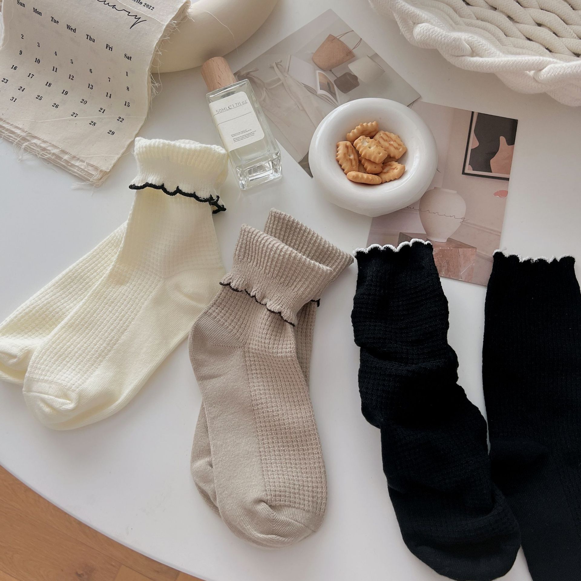 花邊華夫格襪子女中筒襪ins潮夏季薄款日系可愛jk學生長襪