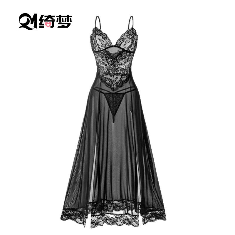跨境亚马逊夏蕾丝薄款情趣内衣透视装性感睡衣长款吊带裙女丁字裤