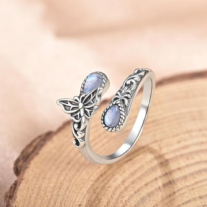 European and American New Fashion Ol Bohemian Style Personalized Retro Butterfly Moonstone Ladies Open Adjustable Ring